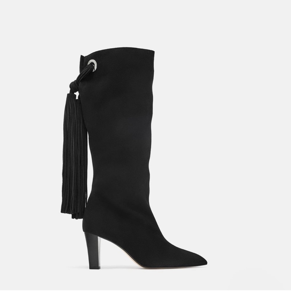 Zara Black Suede Fringe Leather Boots 37 - Picture 6 of 7